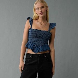 American Eagle Outfitters Denim Blue Ruffle Crop Top